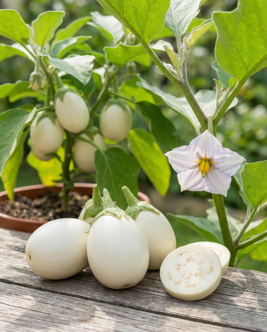 Munakoiso White Egg (Solanum melongena) – yksivuotiset vihannessiemenet SeedsChoicelta