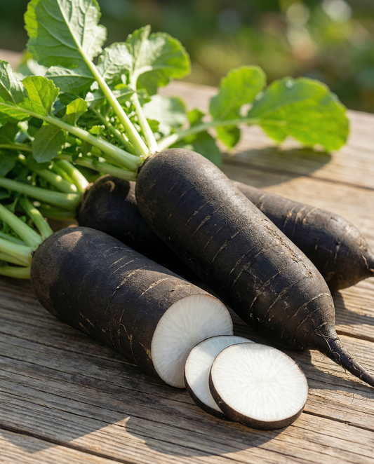 Talviretiisin lajike Noir Long Poids Dhorloge (Raphanus sativus) – yksivuotiset vihannessiemenet SeedsChoicelta